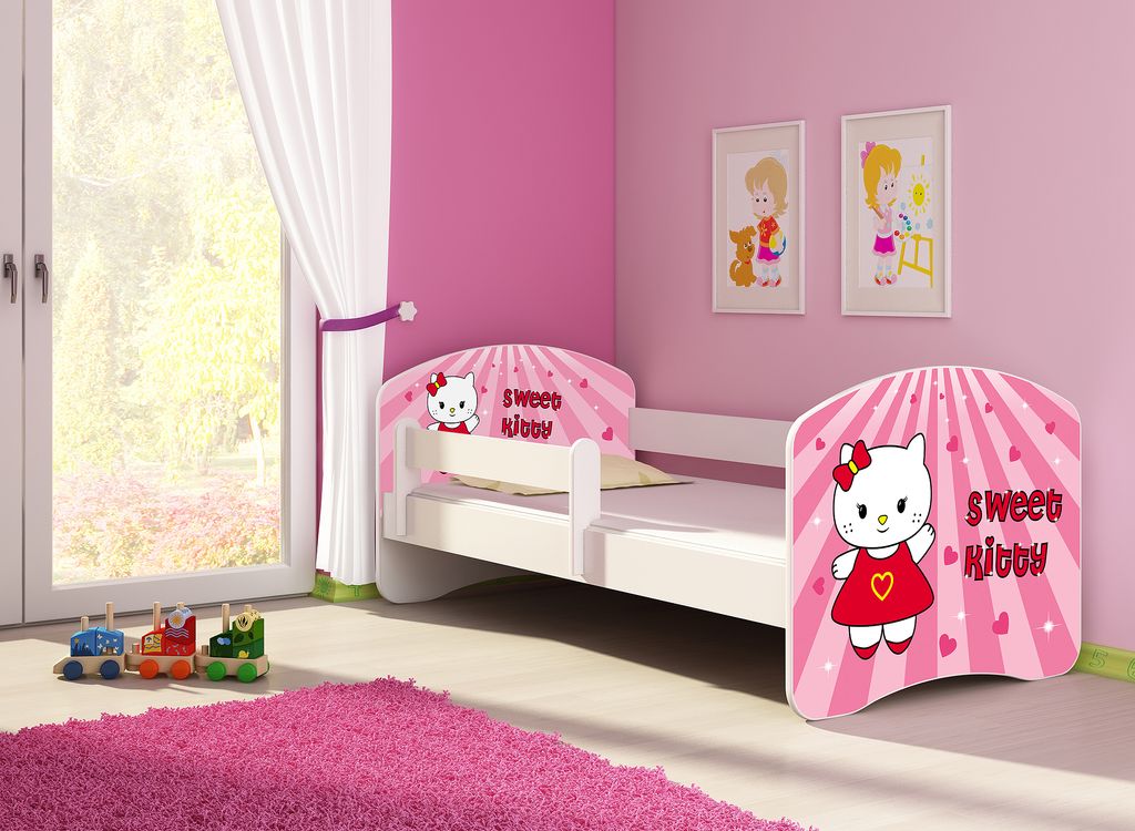 Kinderbett, Babybett 70x140, 80x160, 80x180cm Juniorbett, Kind, Motiv, Schublade CLAMARO, Bett Farbe:15 Sweet Kitty, Ausführung:Ohne Bettkasten, B...