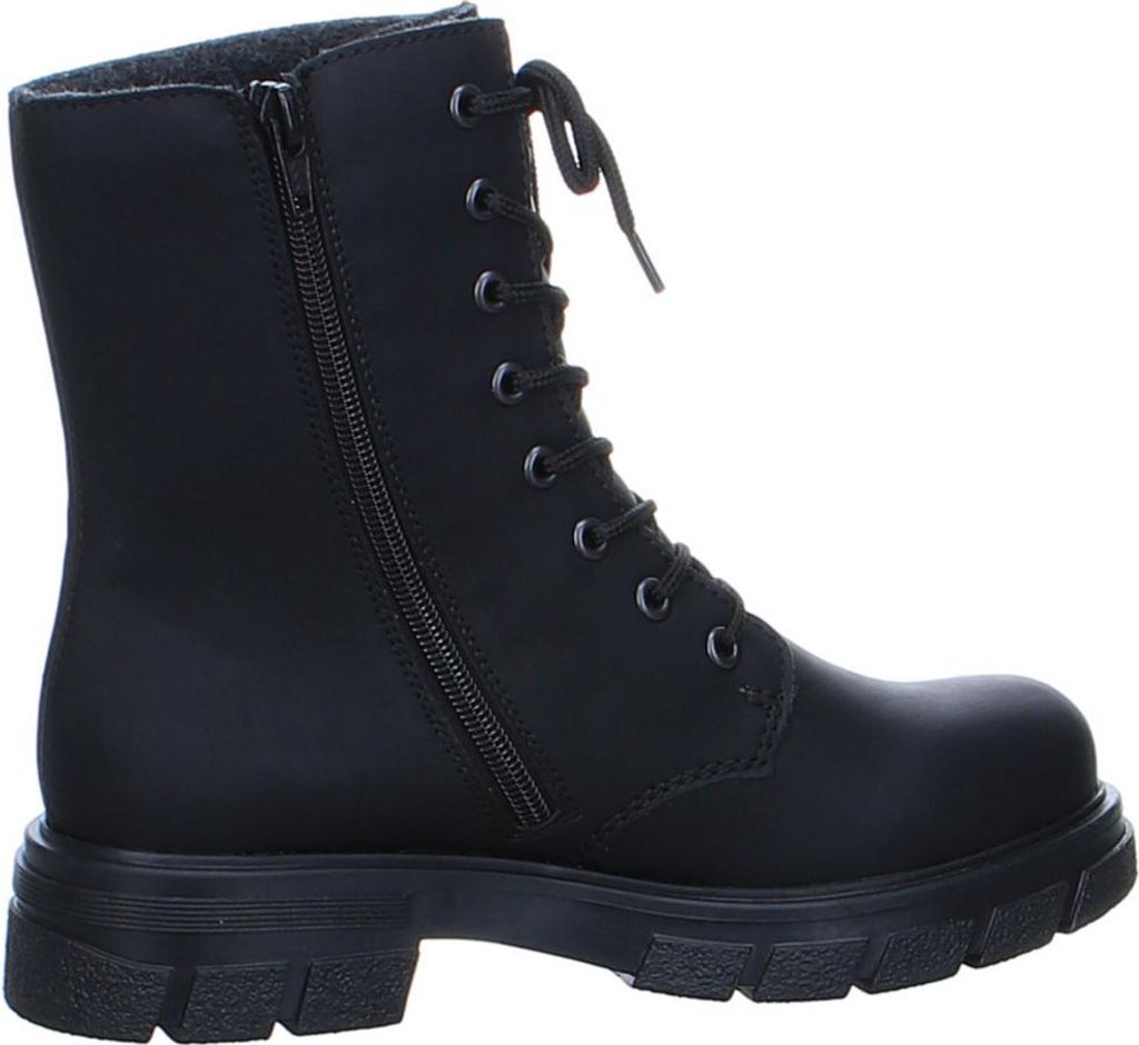 A black lace-up boot is shown from the side against a white background.