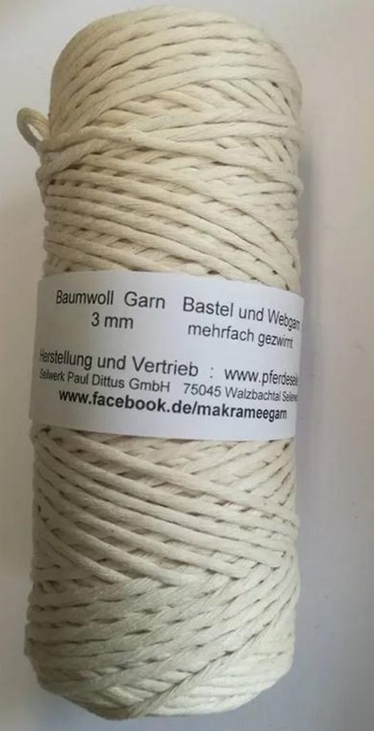 Makrameegarn Makramee Baumwollgarn Bastelgarn WEIß 150 Meter 3 mm GEZWIRNT