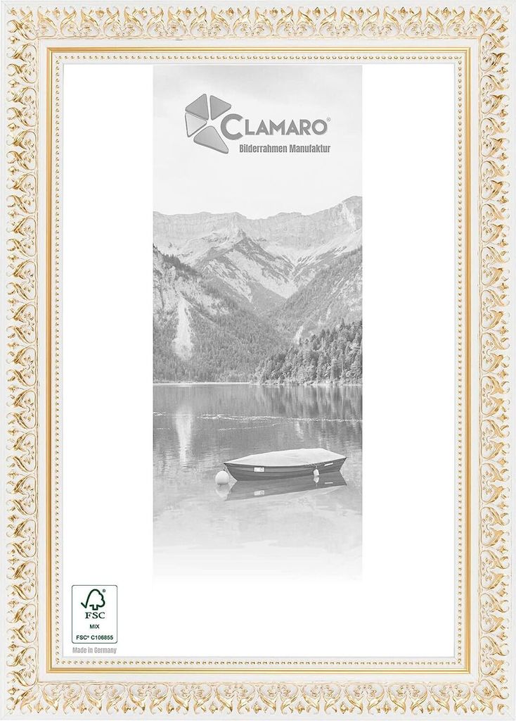 CLAMARO 'Friedrich' Bilderrahmen Antik Massivholz | Weiss Gold | Shabby Chic Vintage Barock | Holzrahmen inkl. Acrylglas, Rückwand, Aufhänger (Qu...