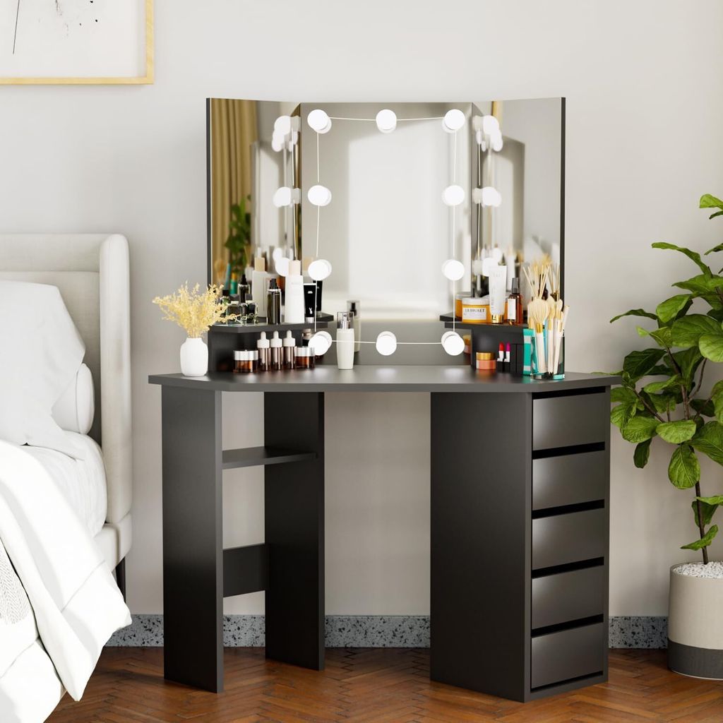 DATO Schminktisch Mit LED-Beleuchtung & Hocker - 5 Schubladen Frisiertisch Mit Spiegel