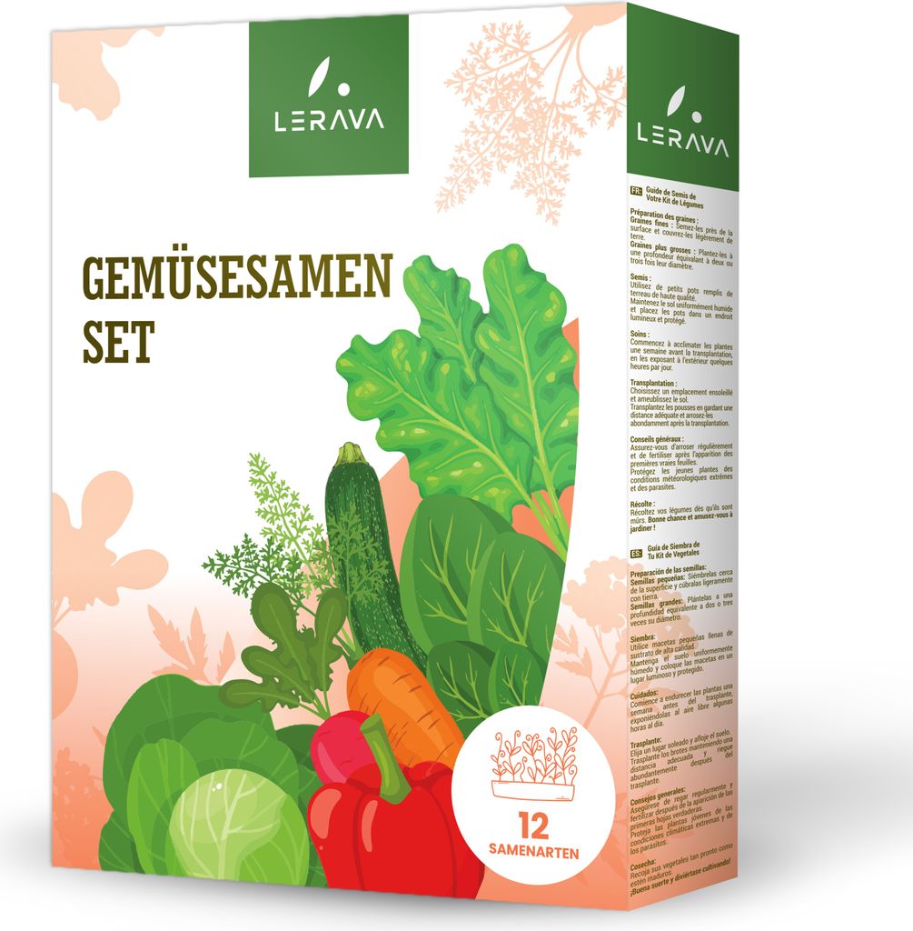 LERAVA Gemüse-Saatgut-Set - [12 Sorten] - Rübe, Zucchini, Tomate, Baldrian, Karotte, Salat, Rettich, Kohl, Spinat, Zwiebel, Chicorée, Paprika