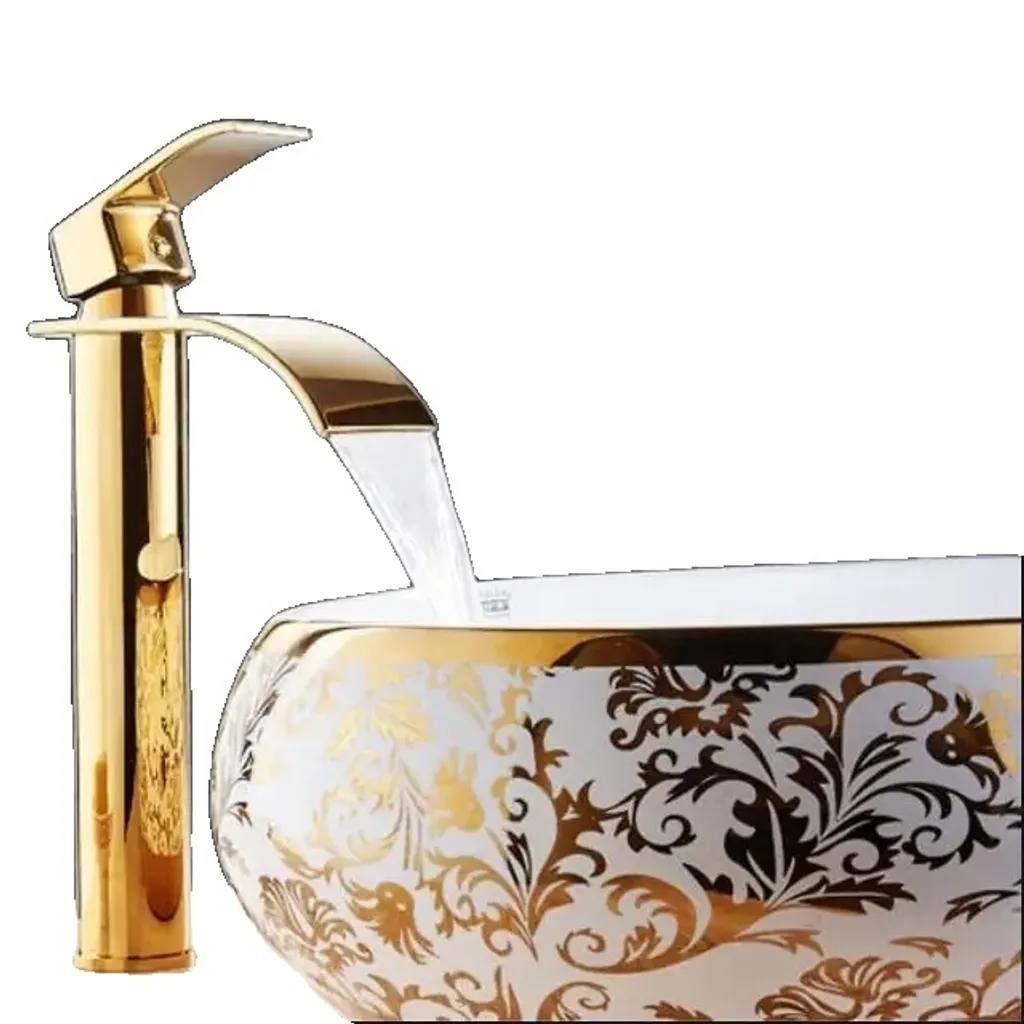 Miscelatore per lavabo, design a cascata, materiale ottone, oro grande B