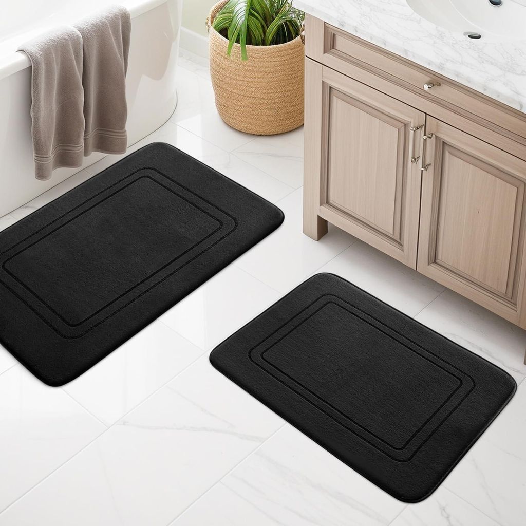 Badmatten-Set, 2-teilig, weiche Badematte aus Memory-Schaum, rutschfest, waschbar, für WC, Dusche und Badewanne, schwarz