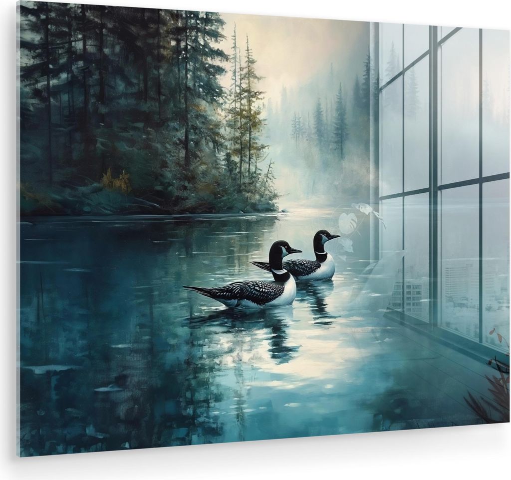 MuchoWow Glasbilder - Bilder auf Wandbild - Foto auf Glas Wald - Wasser - Enten - Neblig 80x60 cm Wanddekoration aus Glas - Acrylglasbild - Acrylbi...
