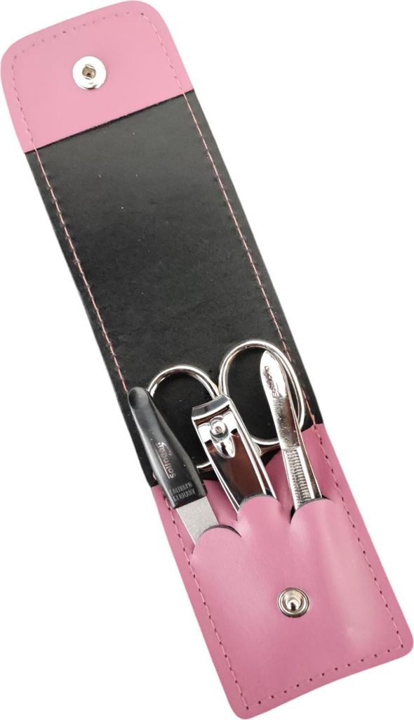 4-teiliges Solingen* Maniküre Set mit echt Leder Etui, Nagelschere, Feile, Pinzette Magenta