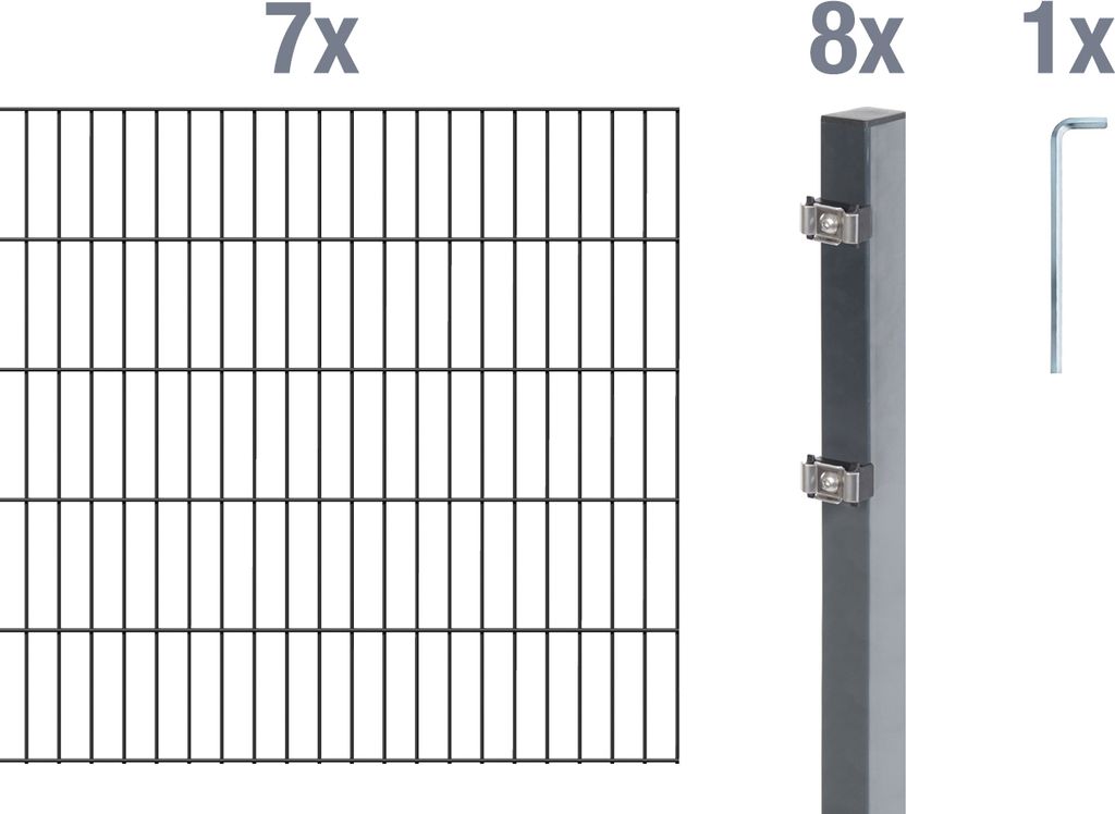 Alberts Doppelstabmatten Zaun, Höhe 200 cm, Länge 14 m, Zaun-Komplettset zum Einbetonieren, anthrazit, Pfosten 60x40 mm