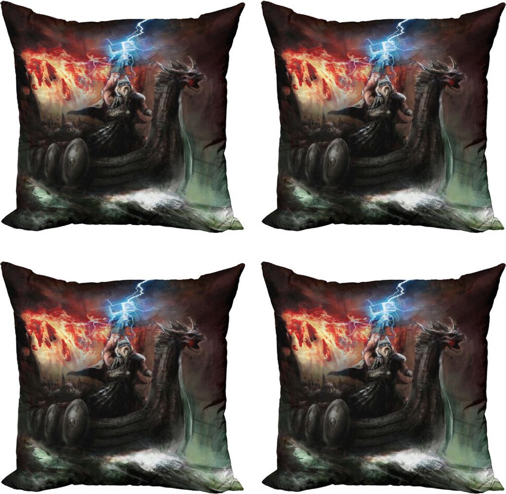 ABAKUHAUS Fantasy World Kissenbezug Set (4 Stück), Thunder Storm Vikings, Moderner Doppelseitiger Digitaldruck, 40 cm x 40 cm, grau orange