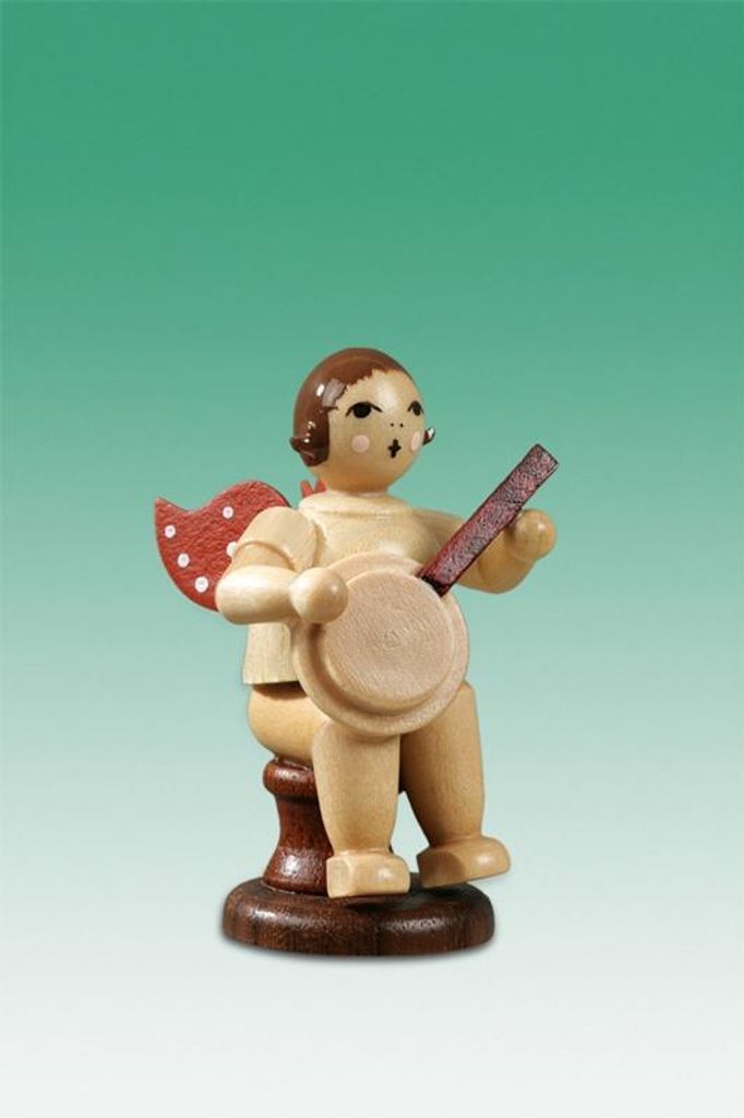 Holzfigur Musikantenengel mit Banjo sitzend mit Krone natur Produktbild 