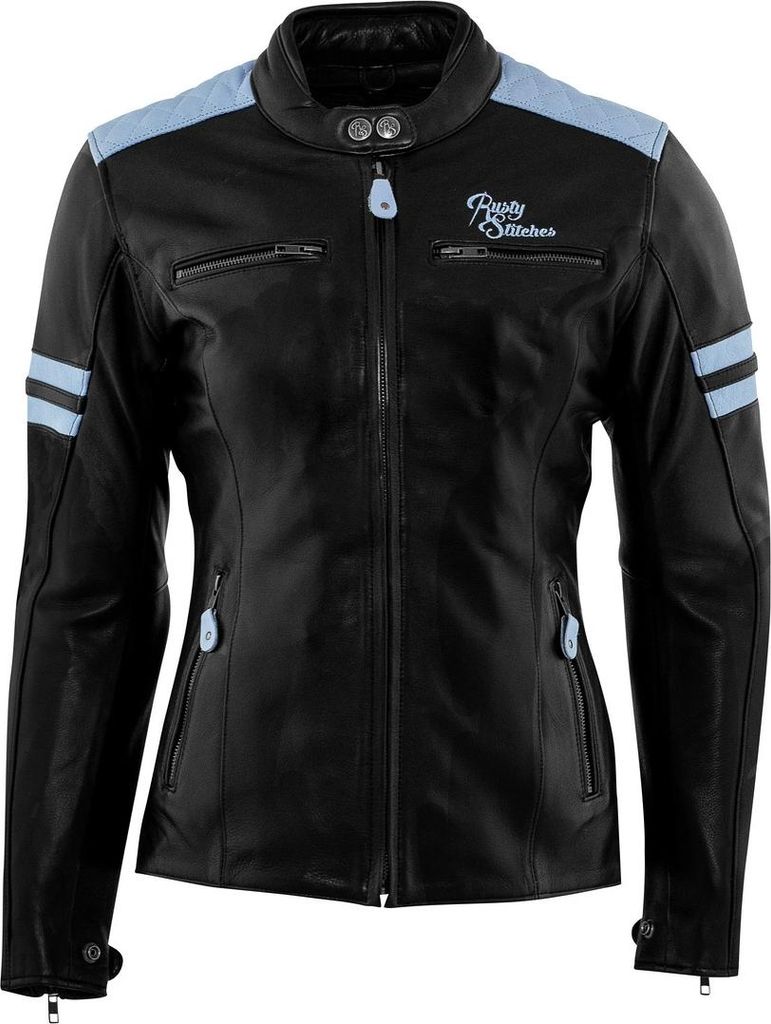 Rusty Stitches Joyce Damen Motorrad Lederjacke, schwarz/blau, 46