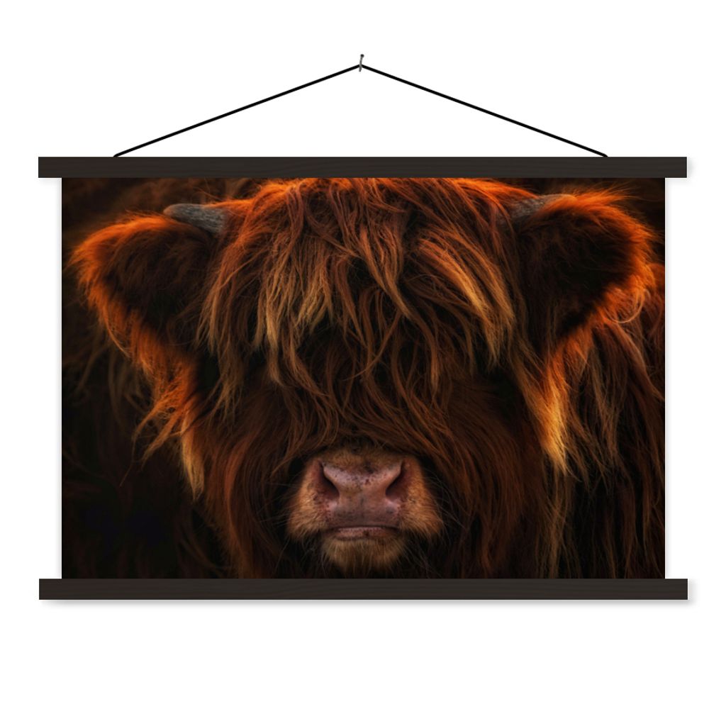 MuchoWow Textilposter Schottischer Highlander - Kuh - Schwarz - Porträt 120x80 cm mit schwarzem Rahmen - Wanddeko