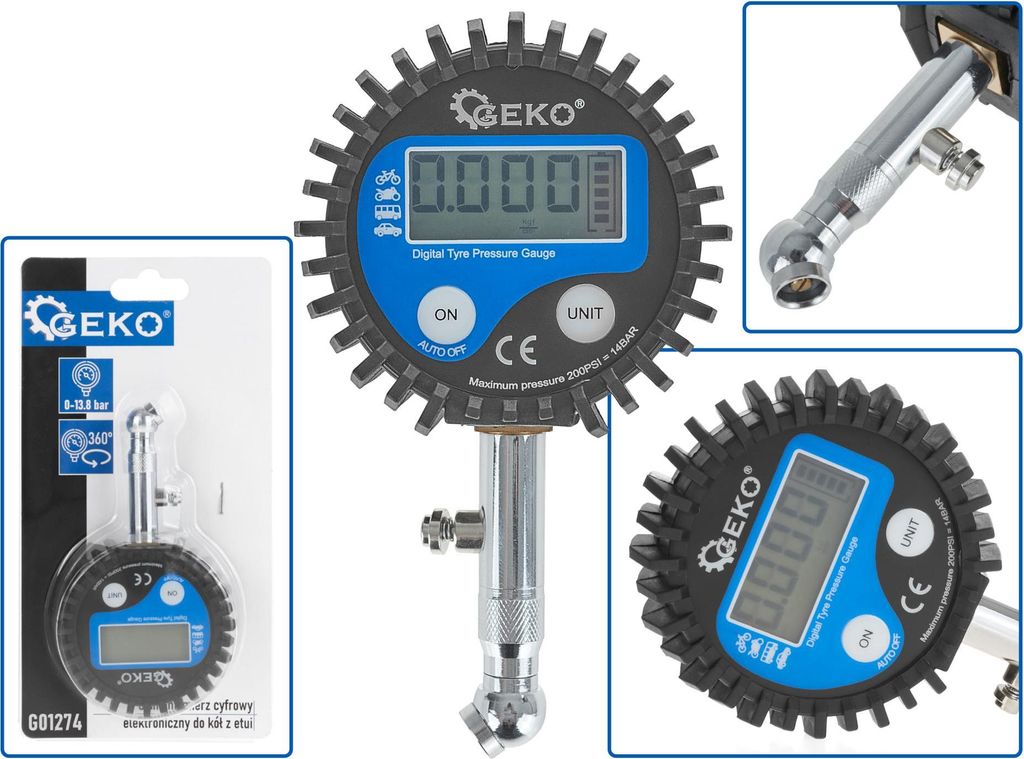 GEKO Manometr digitální na měření tlaku pneu, 0-13,8bar, s Obrázek produktu 