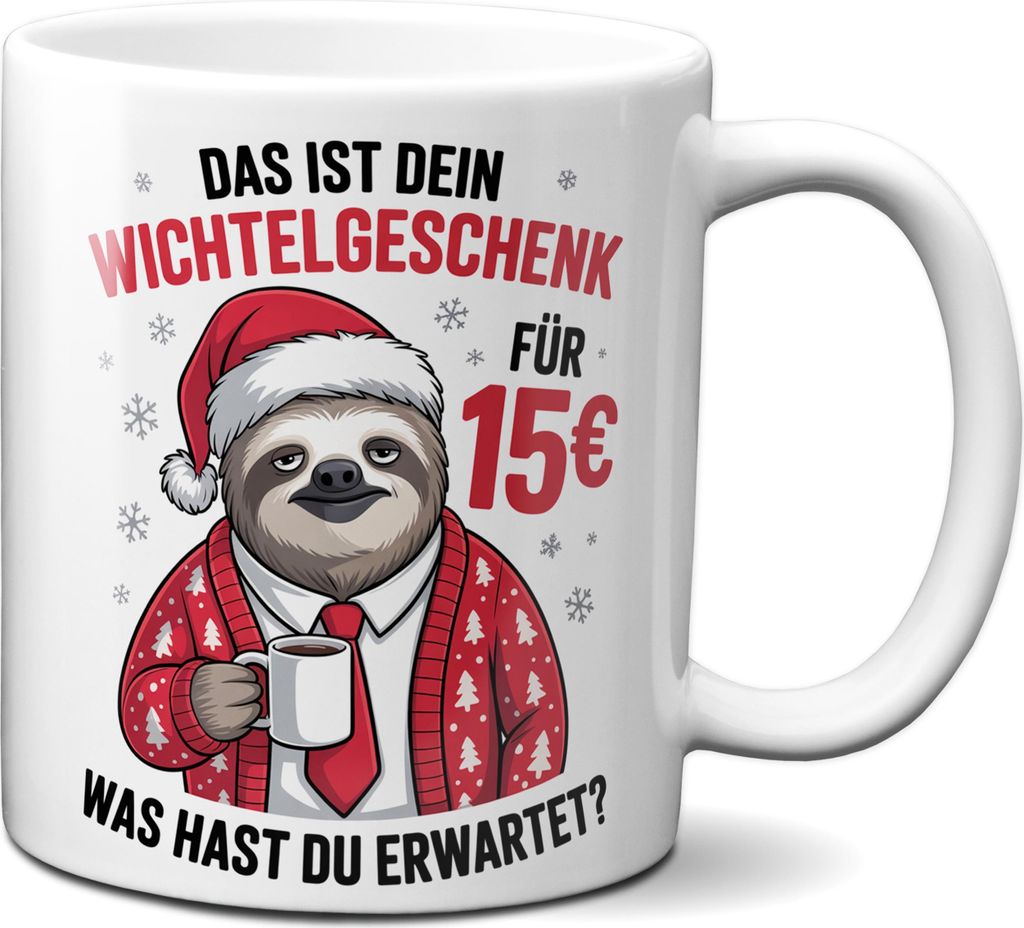 TassenKing Faultier Tasse: Das ist Dein Wichtelgeschenk für 15 Euro - Kaffeetasse lustig mit Spruch zum Wichteln als Geschenk für Kollegen (Weiß)