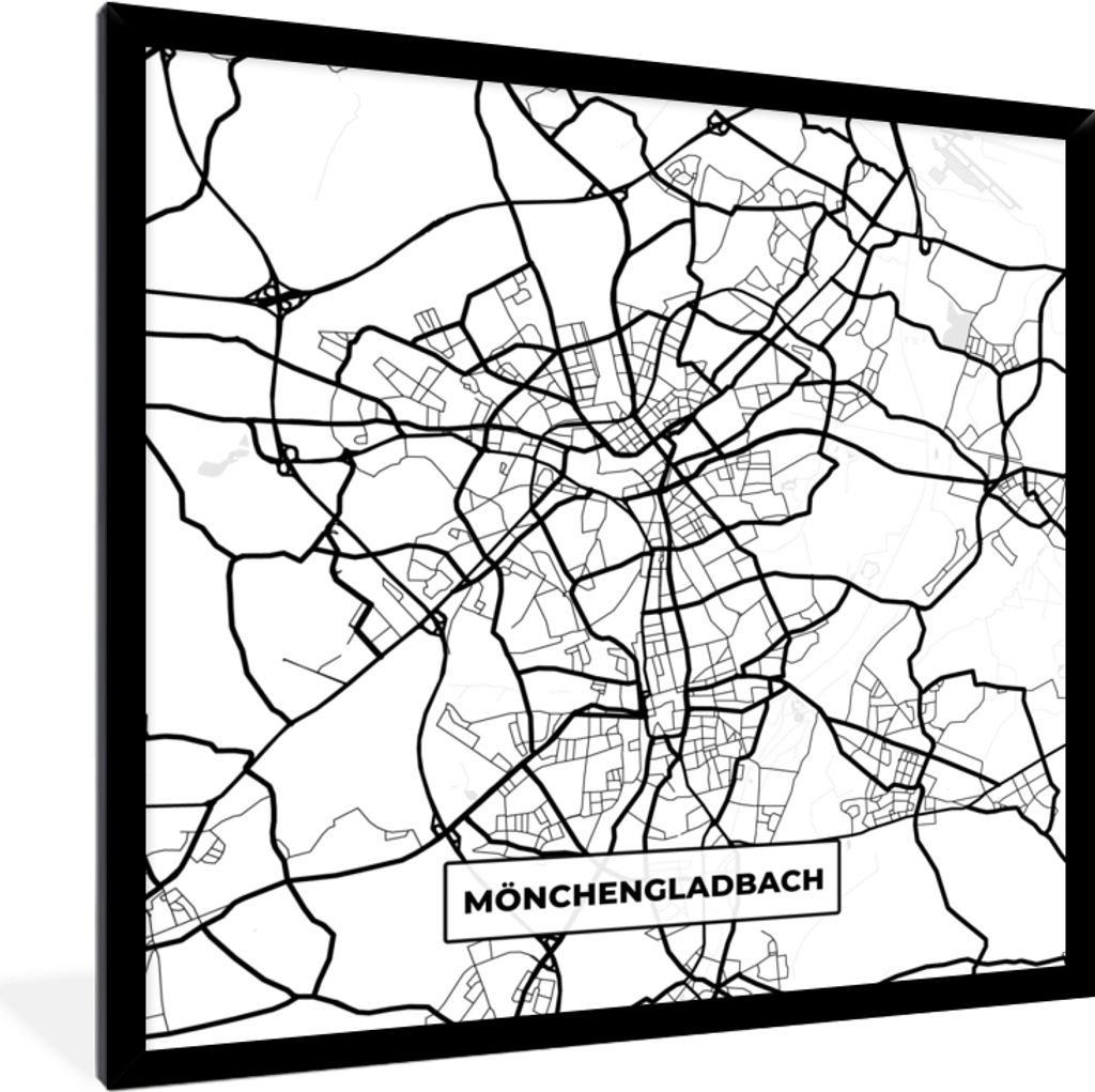 MuchoWow Gerahmtes Poster Mönchengladbach - Karte - Stadtplan 40x40 cm - Poster mit Schwarzem Bilderrahmen Wandposter Rahmen Foto Bilder - Mit R...