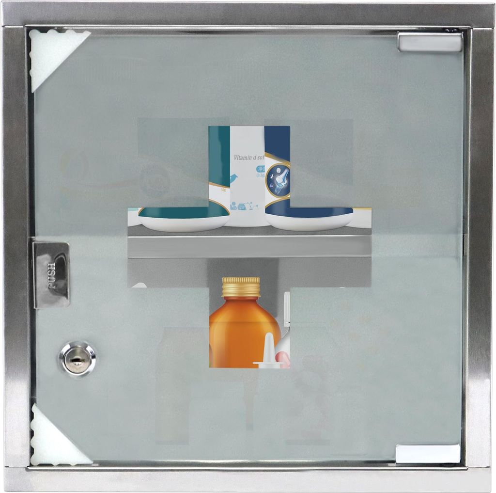 JOIEYOU Medizinschrank aus Edelstahl Medikamentenschrank Abschließbar Arzneischrank Apothekerschrank Hausapotheke mit Glas Tür inkl. 2 Schlüssel...
