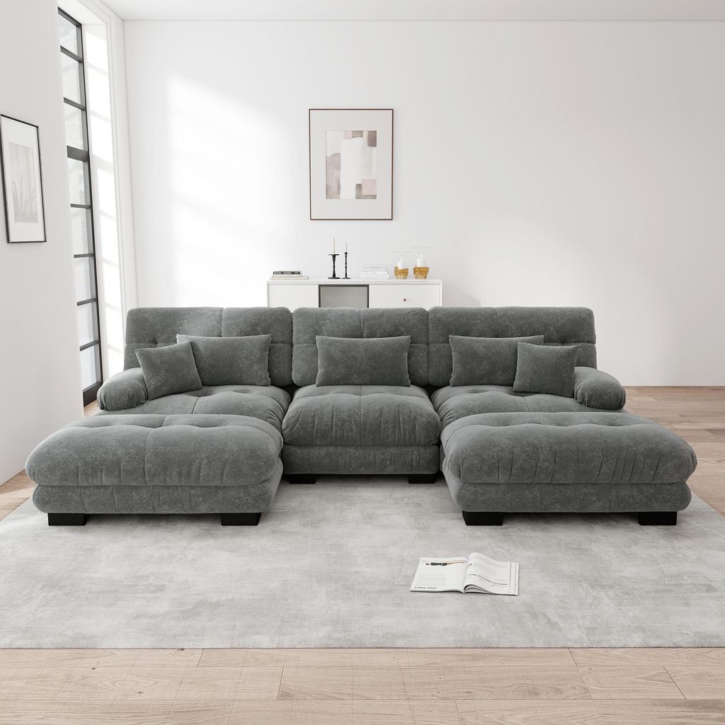 s modulares Ecksofa, XXL U-Form Cloud Couch Wohnzimmer, Tiefensitz, wandelbares Schlafsofa mit Hocker, Chenille Stoff