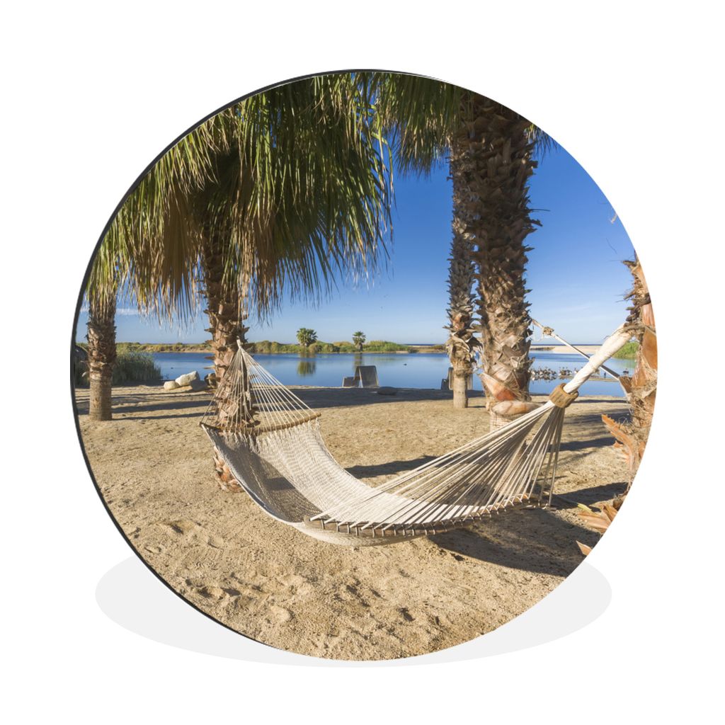 MuchoWow Aluminium Wandkreis Hängematte - Sand - Palme Ø 90 cm Wanddeko Modern Wohnzimmer - Mauerkreis - Wandbilder - Runde Bild - Bild aus Alu...