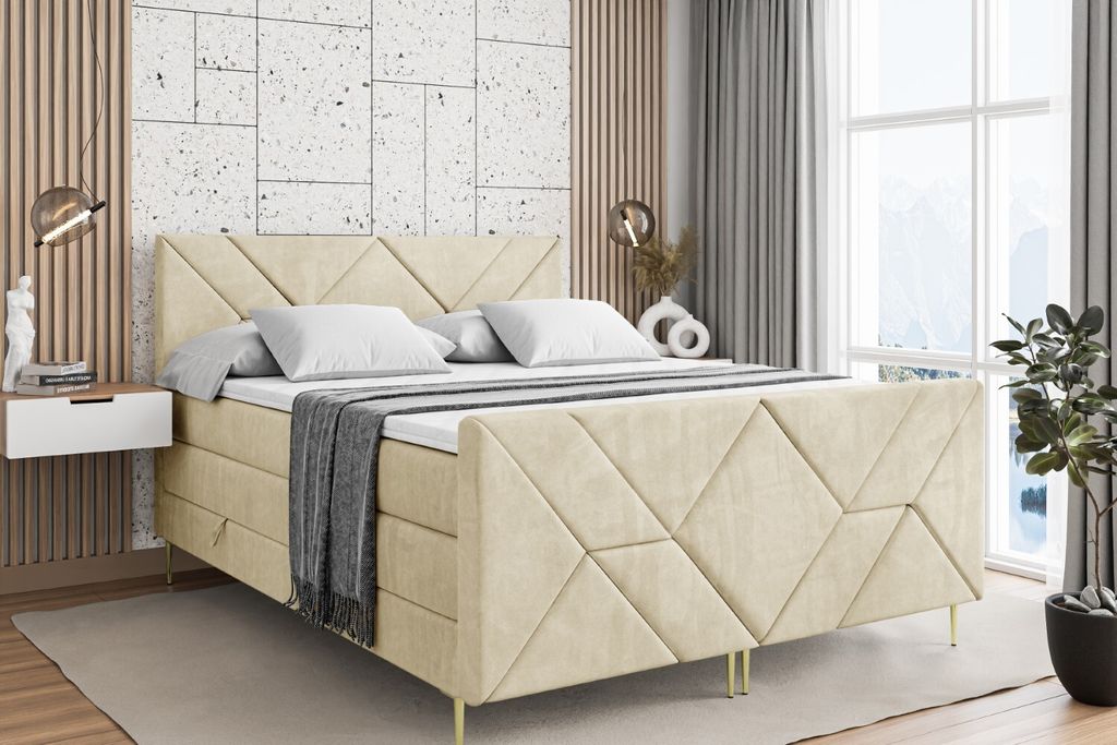ALTDECOR Boxspringbett mit Gold Füßen, Matratze und Lattenrost, Topper, Fußteil, Polsterbett mit Bettkasten, Bett mit Stauraum H3- und H4- Matra...