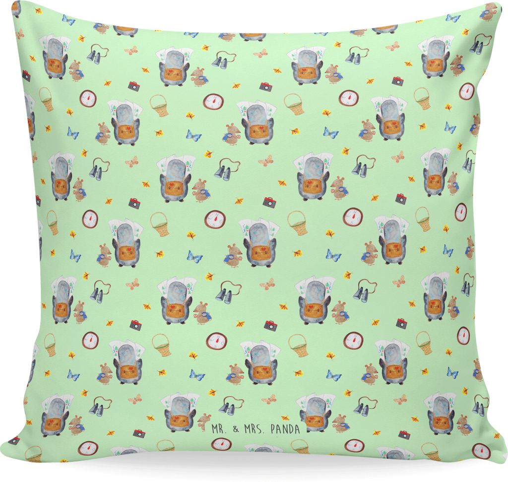 Mr. & Mrs. Panda kuschelkissen 40x40 Pinguin & Maus Wanderer - Grün - Geschenk, Wandern, Sofakissen, Dekokissen Sofa, Bedrucktes Kissen, Abenteuer...