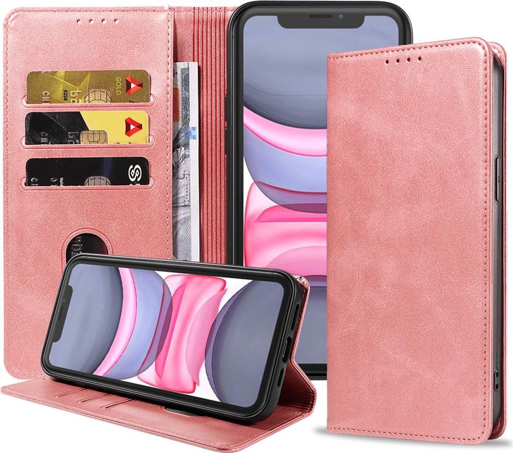 Smartphonica iPhone 11 Kunstledertasche mit Magnetverschluss und Kartenhaltern Buchhülle - Rosa