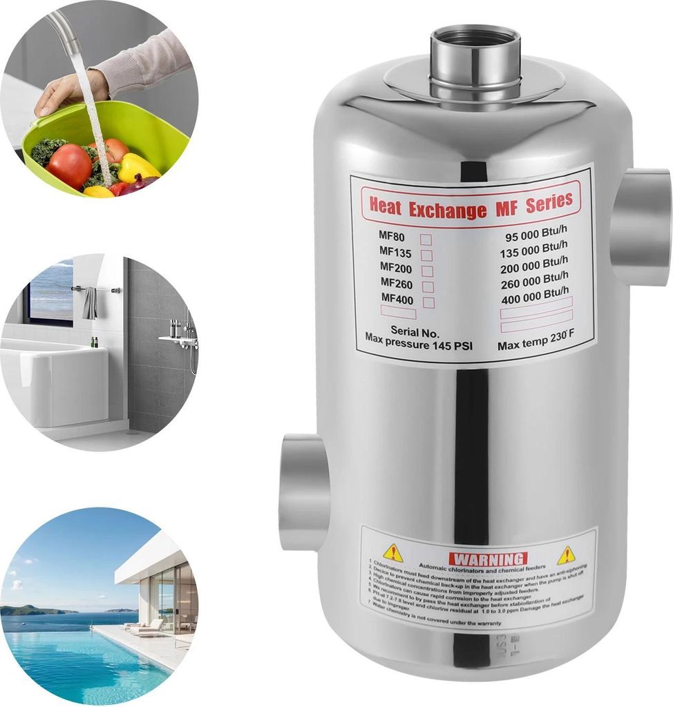 Pool-Wärmetauscher - 28 kW - Edelstahl - Maße 292 x 134 mm - Für Pool & Spa - Silber