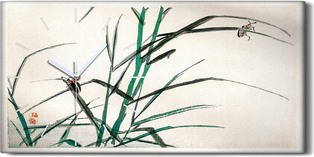 Leinwand Uhr Küche Wohnzimmer Bild 60x30 Malerei Asiatische Zweige Insekten - weiße Hände