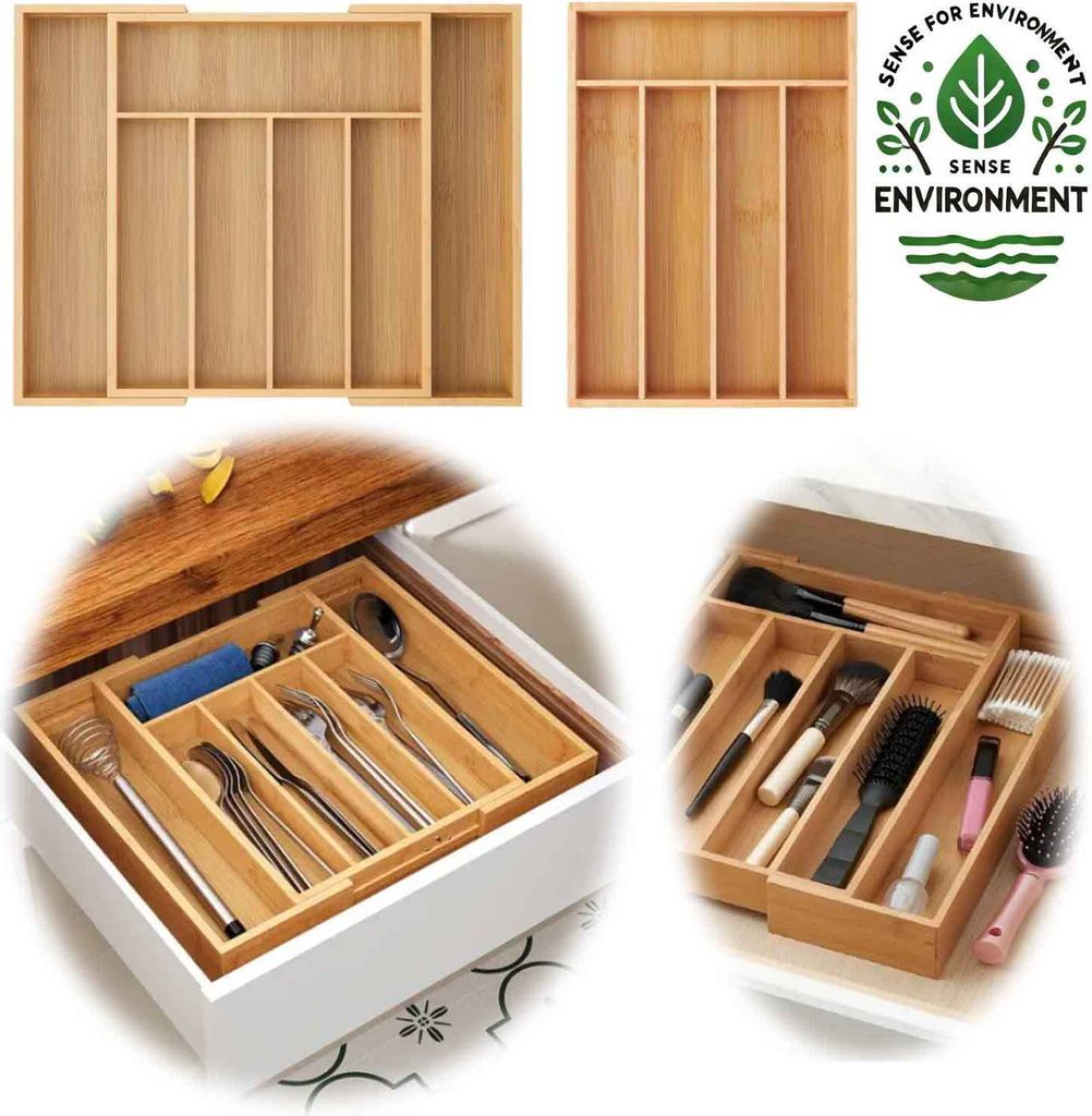 LS-LebenStil Holz Schubladeneinsatz Besteckkasten 28-45cm Bambus ausziehbar Besteckbox Küchen Schubladen Organizer Schubladentrenner verstellbar