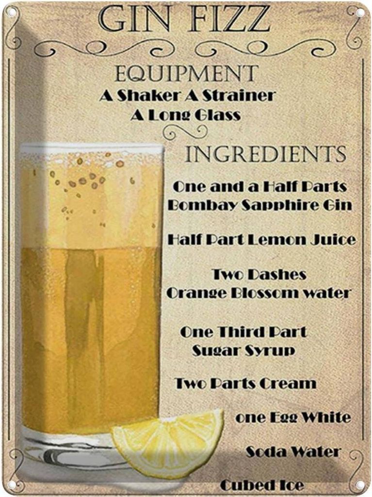 vianmo Blechschild 40x30 cm Alkohol Gin Fizz Equipment ingredients