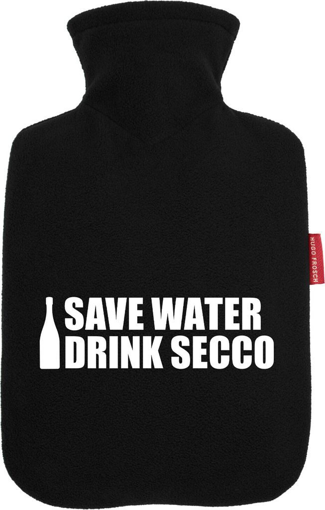 Huuraa Wärmflasche Save Water Drink Secco Sektflasche 1,8 Liter Black Classic Veloursbezug Bettflasche Geschenkidee