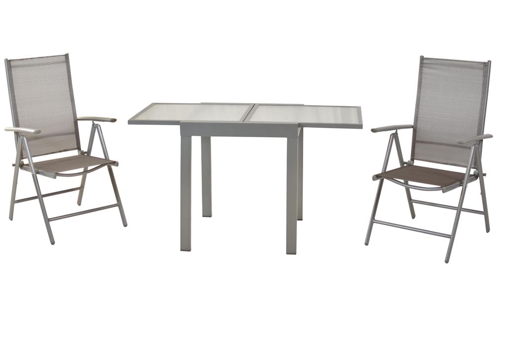 Merxx Gartenmöbel Set Amalfi, 3tlg., 2 Klappsessel, Balkonausziehtisch 65 (130) x 65 cm, diamant - Aluminium/Textil