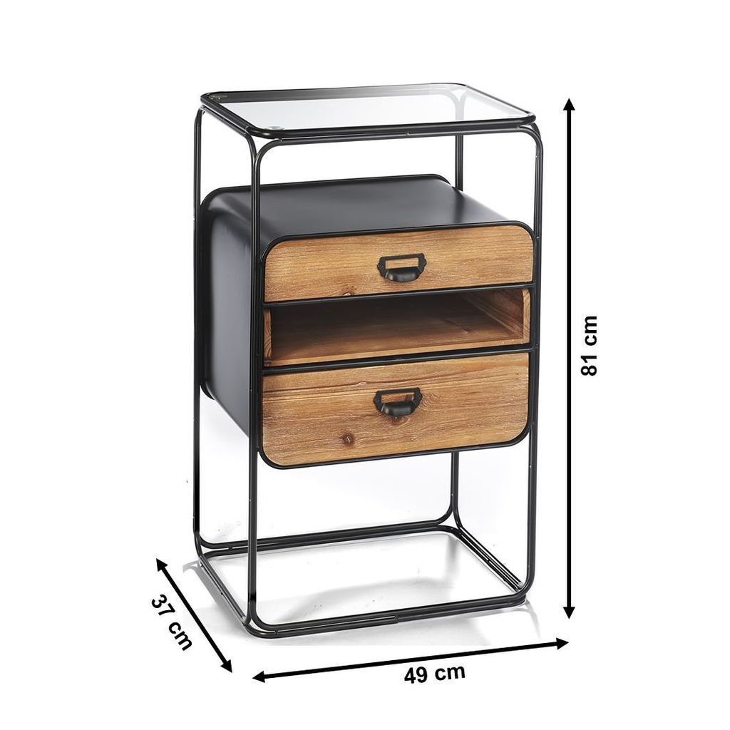 A product shot of a bedside table with dimensions indicated.