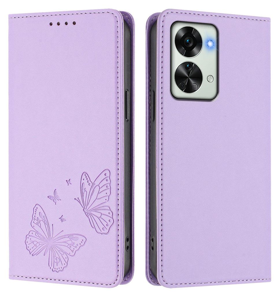 Lederhülle für OnePlus Nord 2T, Schmetterling Prägung Leder Brieftasche Schutzhülle mit Ständer Violett