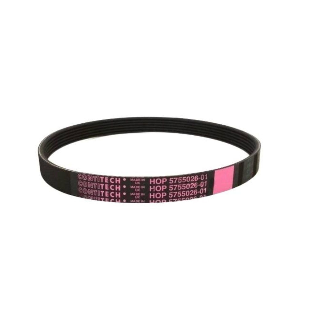 A black drive belt with pink and white text printed on it, laid out in a circular shape against a white background.