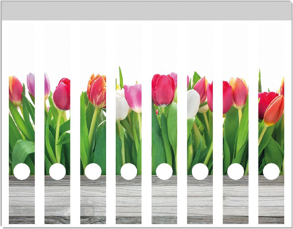 Wallario Ordnerrücken Sticker, selbstklebend für schmale Ordner, 8 Stück, Motiv Rote weiße und pinke Tulpen im Frühling