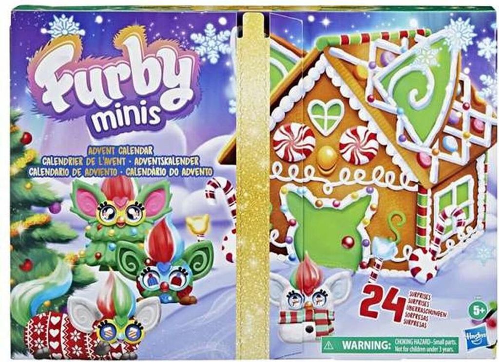 A Furby Minis Advent Calendar box with a gingerbread house design and Furby characters.