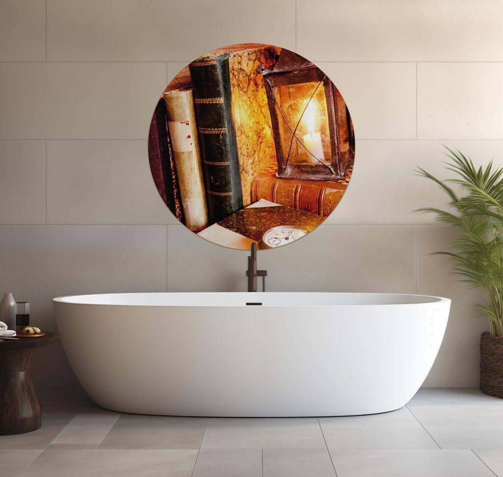 Wallario wasserfestes Poster selbstklebend 90 x 90 cm, Antike Laterne mit Kerze alten Büchern und Taschenuhr, Badezimmerposter Spritzschutz mit Ho...