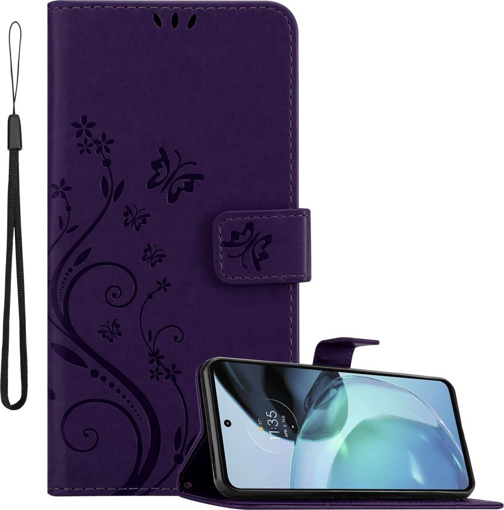 Cadorabo Hülle für Motorola MOTO G72 in FLORAL DUNKEL LILA Schutzhülle im Blumen Design mit Magnetverschluss, Standfunktion und Kartenfächern F...
