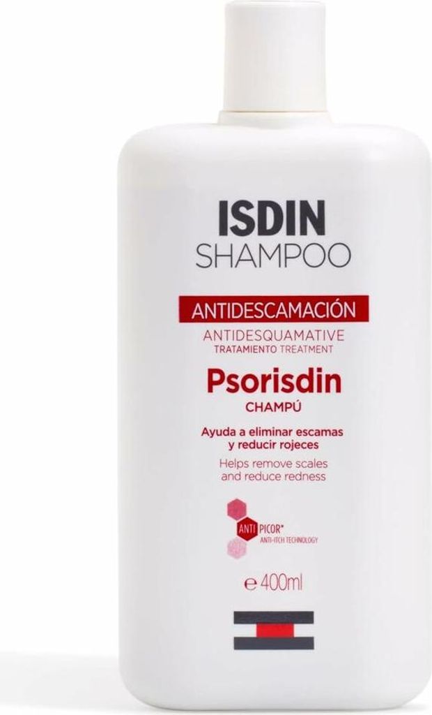 A white bottle of ISDIN Psorisdin shampoo with red and black text and accents.