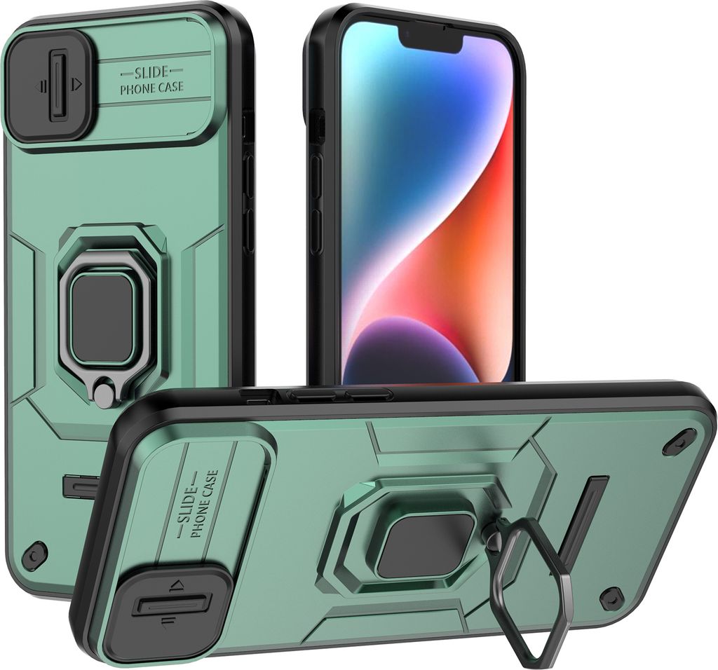 Hülle für iPhone 14 Plus / 15 Plus Dual Layer Handyhülle Schiebe Kamera Schutz und Ringhalter Ständer Grün