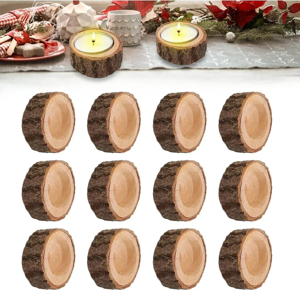 Set 12 Mini Portacandele Tronchetto Legno DIY | Decorazioni Casa e Natale