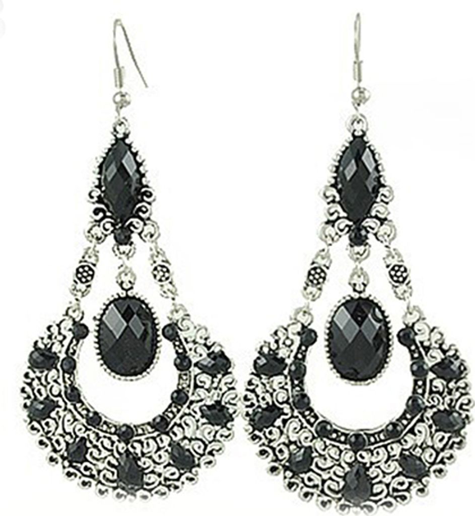 Ethnische Vintage Lady Strass baumeln Haken Kronleuchter Statement Ohrringe Schmuck-Schwarz