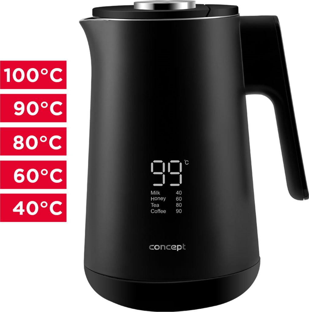 A black electric kettle with a digital display showing temperature settings and presets for different beverages.