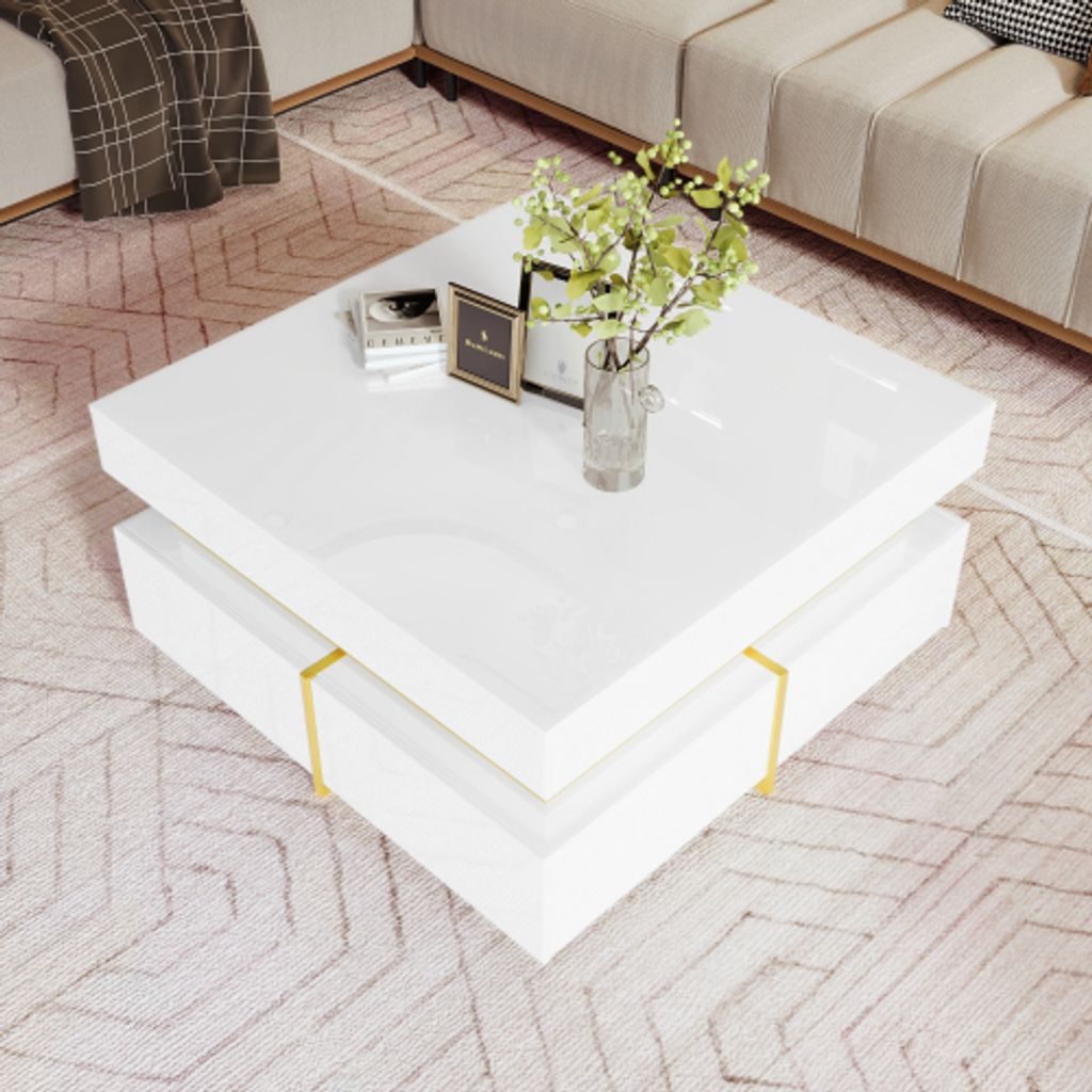 A modern living room with a white high-gloss coffee table as the focal point.