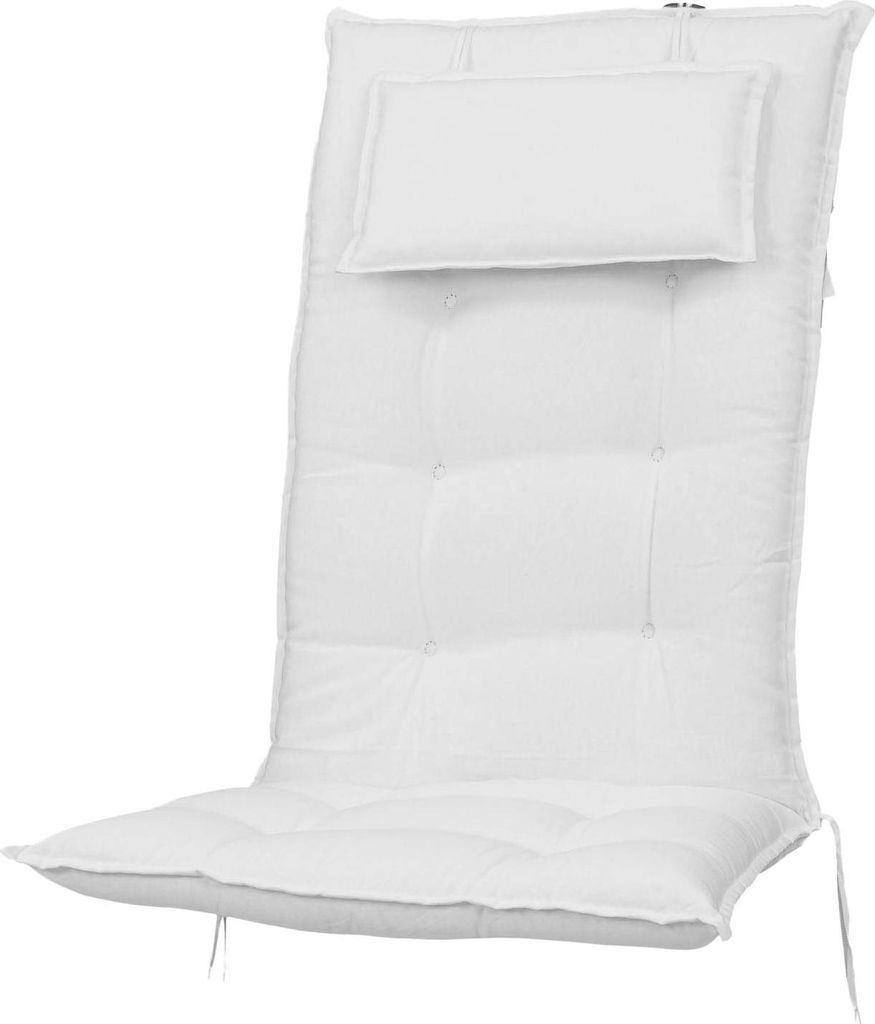 A white high-back chair cushion with a pillow.