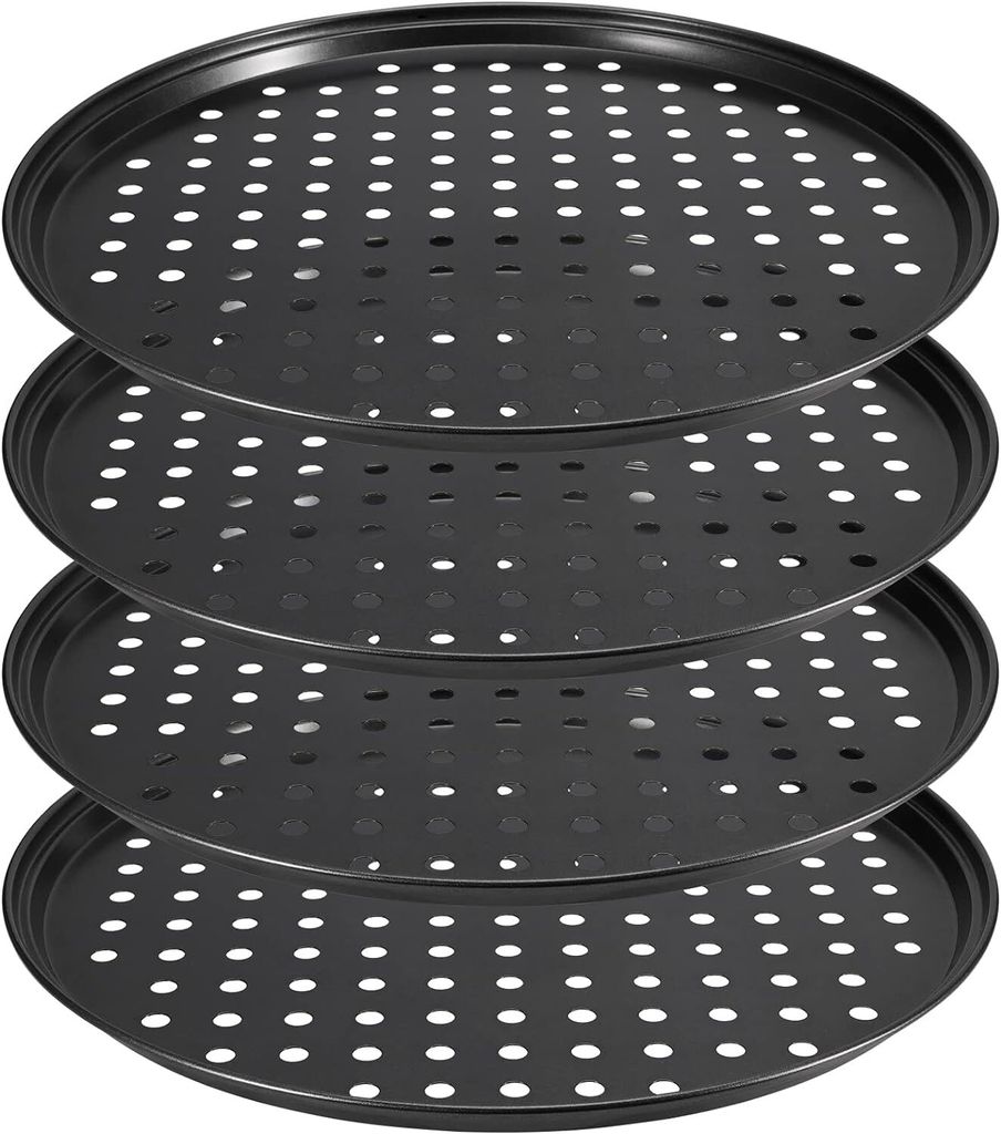 4 Pack 12 Zoll Antihaft-Pizzablech, Pizzateig-Blech für den Ofen, rundes Pizzabackblech mit Löchern für Pizza, 32CM x 1,5CM, schwarz