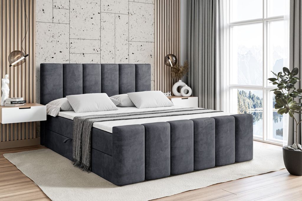 ALTDECOR Boxspringbett mit Fußteil, H3 Matratze und Topper - 200x200 cm - BOXI1-Z - Dunkelgrau Samt - Polsterbett mit Bettkasten und Lattenrost, B...
