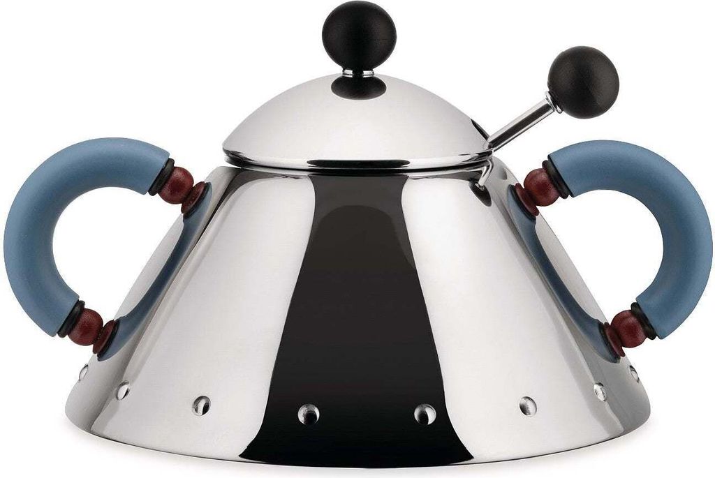 Alessi 9097 Zuckerdose mit Löffel Griffen hellblau Knopf schwarz