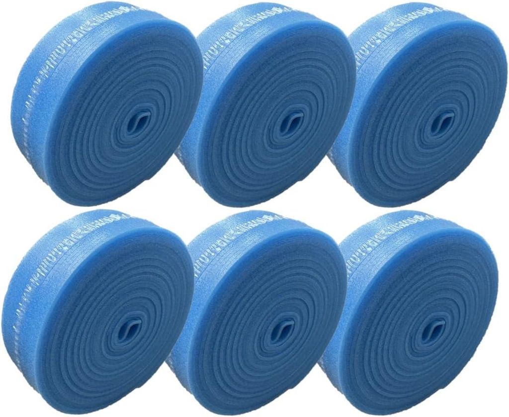 Six rolls of blue insulation material are arranged in two rows of three.