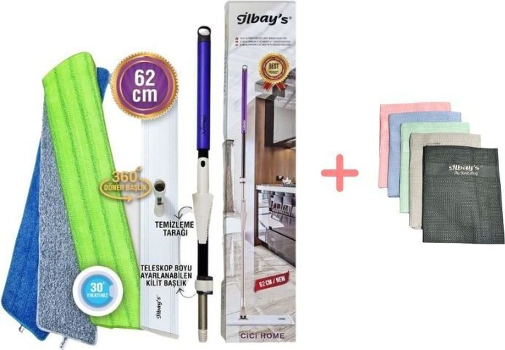 A product image showing a mop and cleaning cloths, along with packaging and marketing graphics.