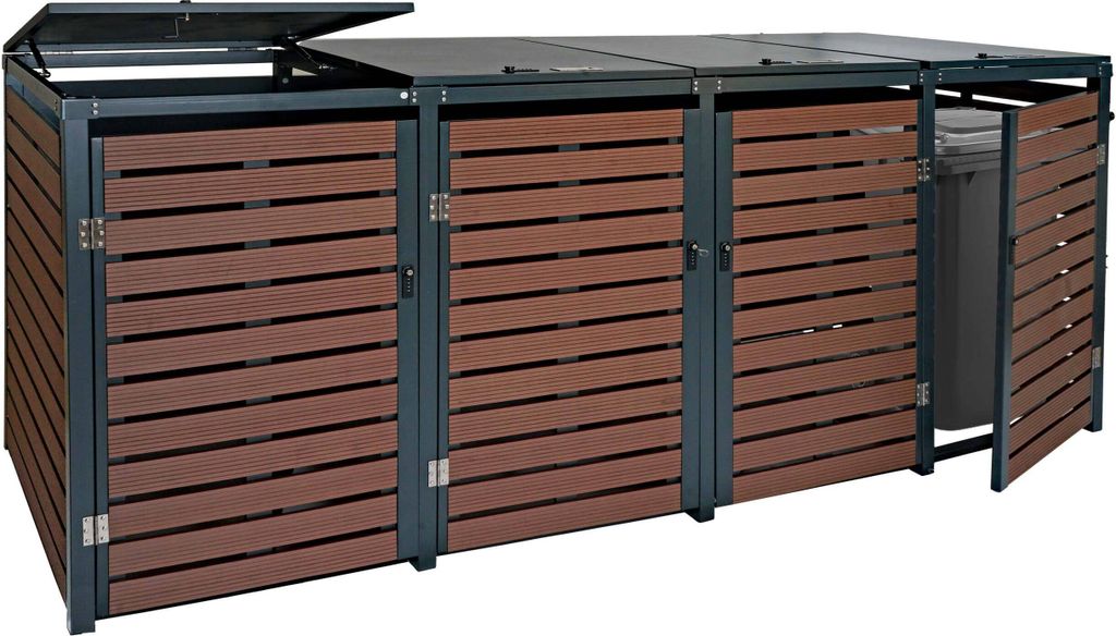 4er Mülltonnenverkleidung MCW-K14, Mülltonnenbox Mülltonnenabdeckung, 119x264x84cm WPC Metall 130kg Walnuss-Holzoptik